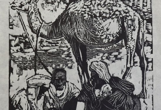 Bedúínar með úlfalda. Dúkrista 1980.