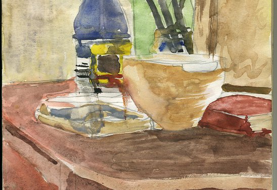 Uppstilling með málaragræjum og bók