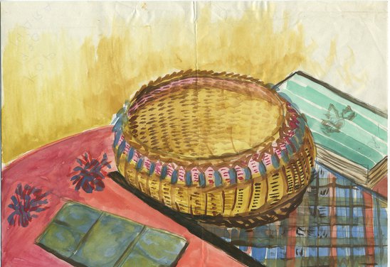 Uppstilling með prjónakörfu og vatnslitakassa